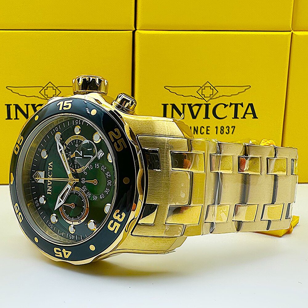 Invicta Men's 48mm PRO DIVER Scuba Chronograph Green Dial 18K Gold Plated Watch - Picture 8 of 8